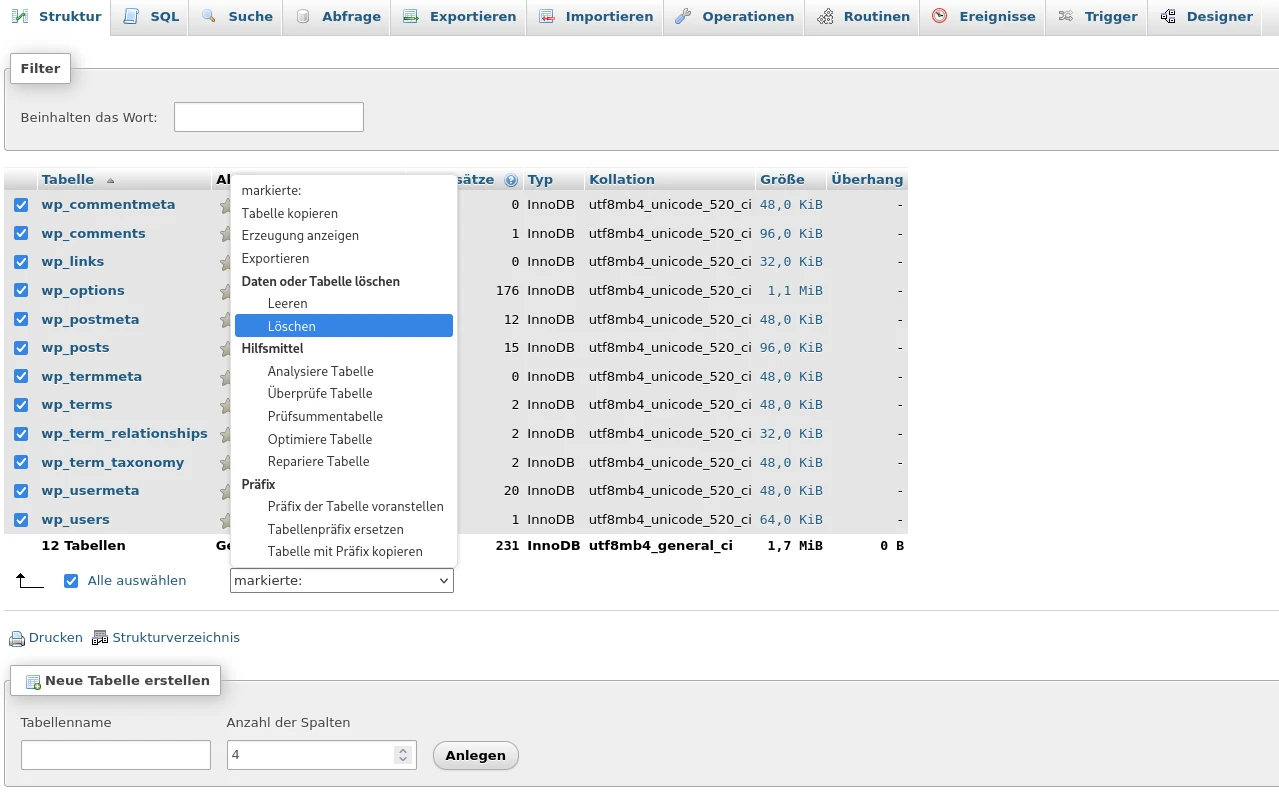 MySQL-Tabellen löschen mit phpMyAdmin