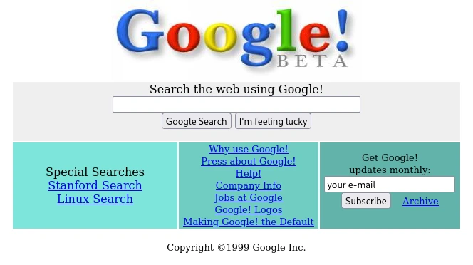 Screenshot von Google.com aus dem Jahr 1999