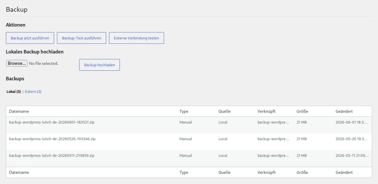 Backup-Liste mit allen lokalen und externen Sicherungen