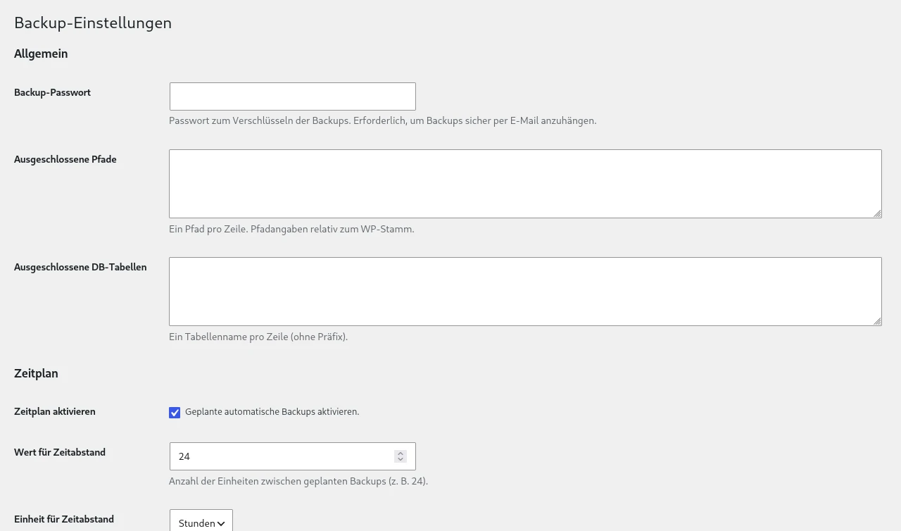 Einstellungen zum Backup-Plugin
