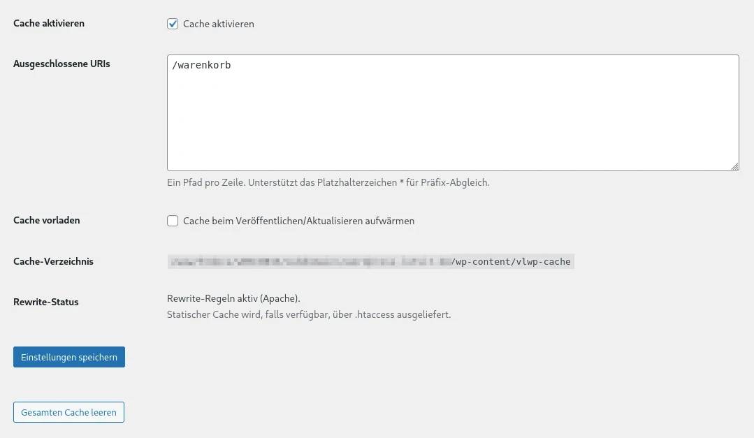 Einstellungen vom Caching-Plugin