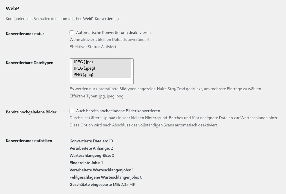 Einstellungen des WebP-Konverters