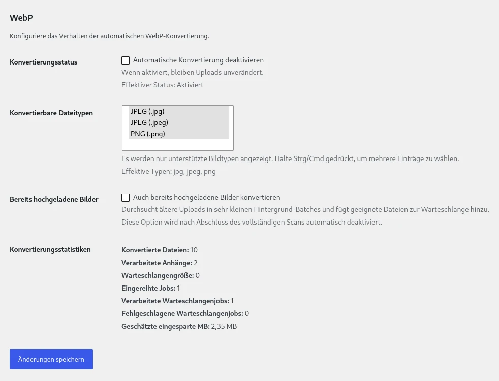 Einstellungen des WebP-Konverters