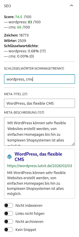 SEO-Bewertung und Einstellungen bei einem Beitrag